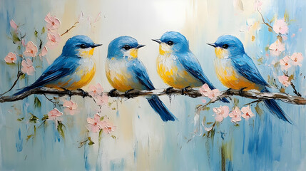 Fototapeta premium Blue Birds Perch on Branch with Pink Blossoms Gracefully