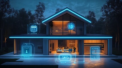 Futuristic Smart Home with Interconnected IoT Devices at Night