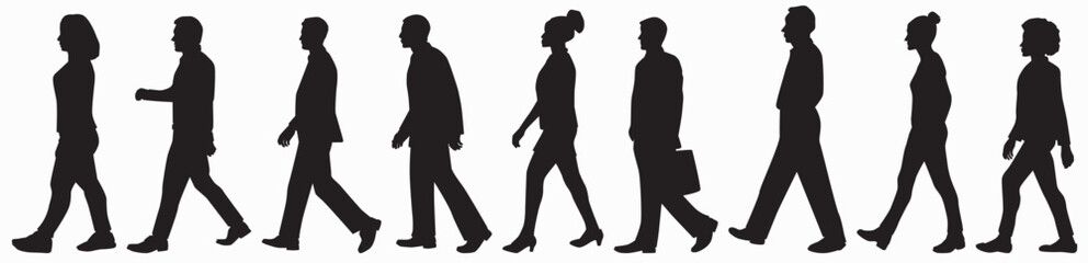 business people walking with hand bags, men and women in full length and side view silhouette. Vector silhouette illustration isolated of businesspeople on white background