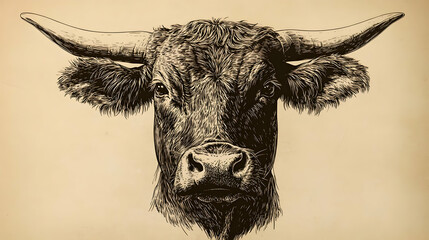 Intricate Ink Drawing of a Majestic Bull's Head with Prominent Horns and Detailed Fur on a Warm Tan Background.