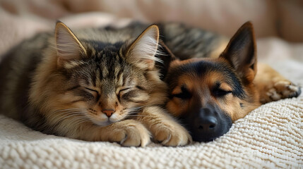 Cat and Dog Sleeping Peacefully: Friendship, Love, Pets, Animals, Comfort, Furry Friends