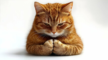 Obraz premium Ginger Cat Holds Paws Together: Hope, Wishes, Prayers, White Background