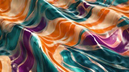 Obraz premium A shimmering design featuring interlocking iridescent liquid waves in orange, teal, and violet, vibrant and lifelike in 4K.