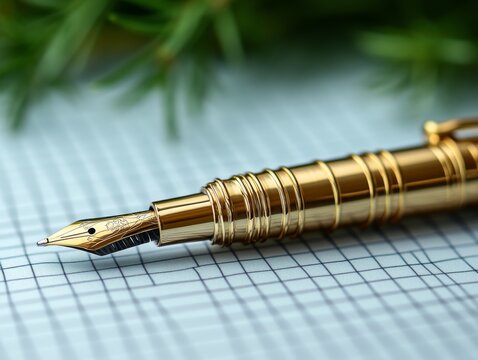 A close-up of a gold fountain pen resting on a grid-patterned paper. - Powered by Adobe