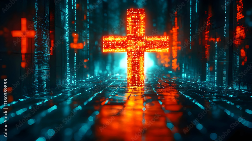 Poster digital cross illuminates futuristic corridor mystically with binary code