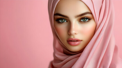 Portrait of a Woman Wearing a Pink Hijab with Expressive Eyes and Soft Makeup, Posed Against a Pink Background
