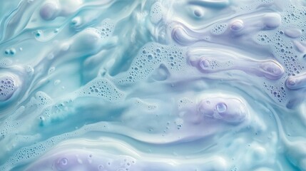 An abstract fluid pattern with pearlescent liquid shapes in pastel tones of lavender, sky blue, and mint green, glowing softly in 4K