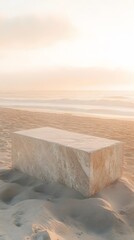 A minimalist podium made of stone, set on a sandy beach at sunrise with soft, golden light illuminating the scene