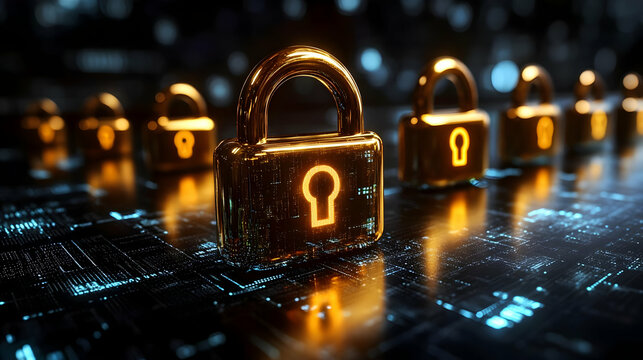 Golden Padlocks Secure Digital Circuitry: A 3D Illustration of Cybersecurity.