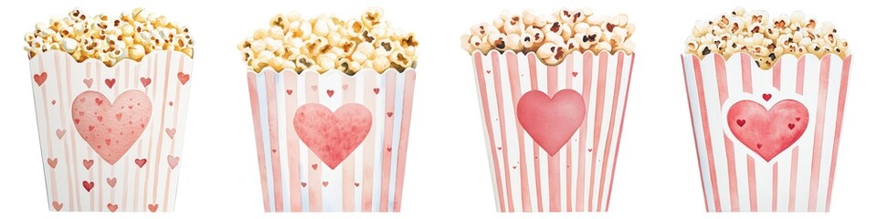 Valentine carnival collection. Colorful popcorn containers featuring hearts, perfect for events or celebrations.