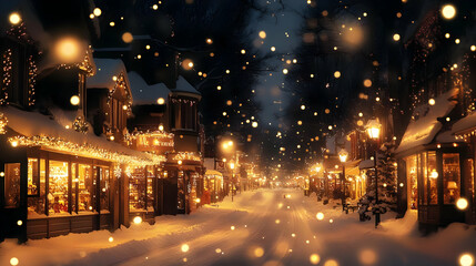 Snowy Street Glows with Holiday Lights at Night Quietly