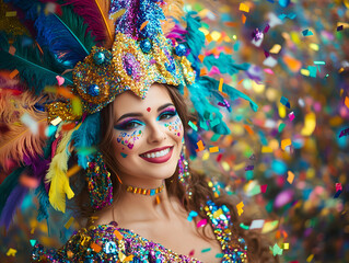 Beautiful woman in whimsical costume surrounded by confetti and festive decorations. She is celebrating Mardi Gras with vibrant costume, mask, and beads.