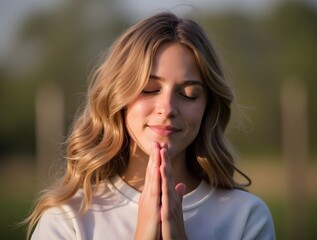 Naklejka premium Peaceful Woman Meditating Outdoors with Closed Eyes
