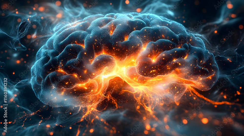 Aufkleber 3d illustration of a brain with fire and smoke effect abstract background with dynamic energy flow