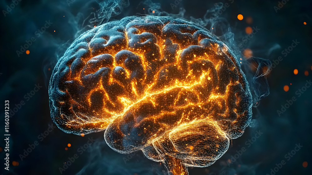 Poster glowing brain illustration shows neural network activity with energy and sparks, illustrating comple