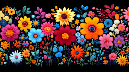 Vibrant Flowers Bloom Brightly on Black Background, Floral Design