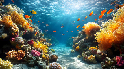 Fototapeta premium Vibrant Coral Reef Ecosystem Thrives with Colorful Fish in Clear Blue Ocean Water