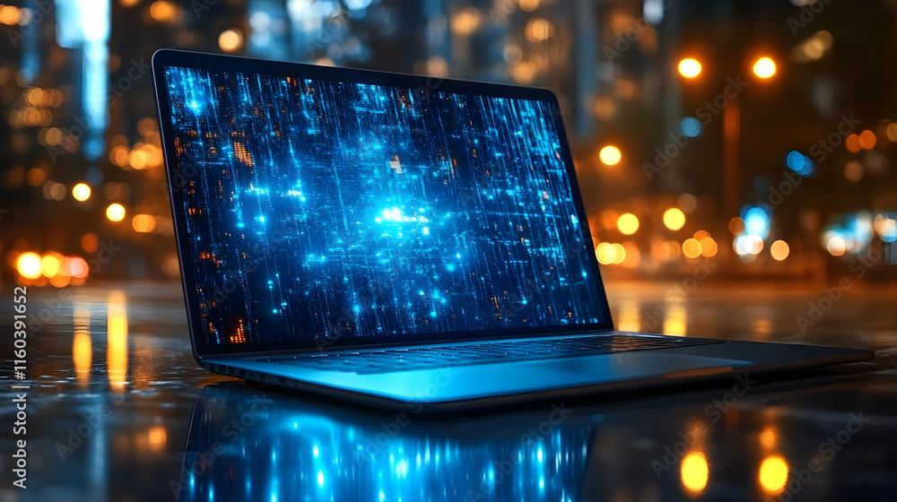 Aufkleber laptop displays futuristic data visualization with glowing blue code streams in a night city setting