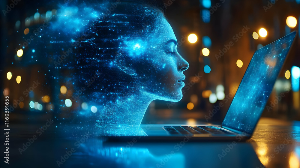 Poster digital human face interacts with laptop, showcasing artificial intelligence and data flow.