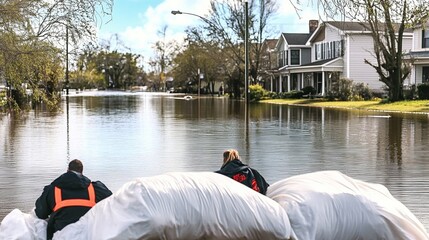 Flood Protection Sandbags with flooded homes in the background (Montage)