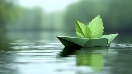 Green Paper Boat with Leaf Sails Floating Peacefully on Calm Water in Nature