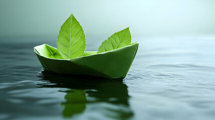 Green Paper Boat with Leaves Floats Gently on Calm Water Surface Peacefully.
