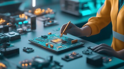Mechanics repair, diagnostics and testing concept: Woman mechanic performing detailed diagnostics in a spotless repair bay, breaking stereotypes with professionalism.