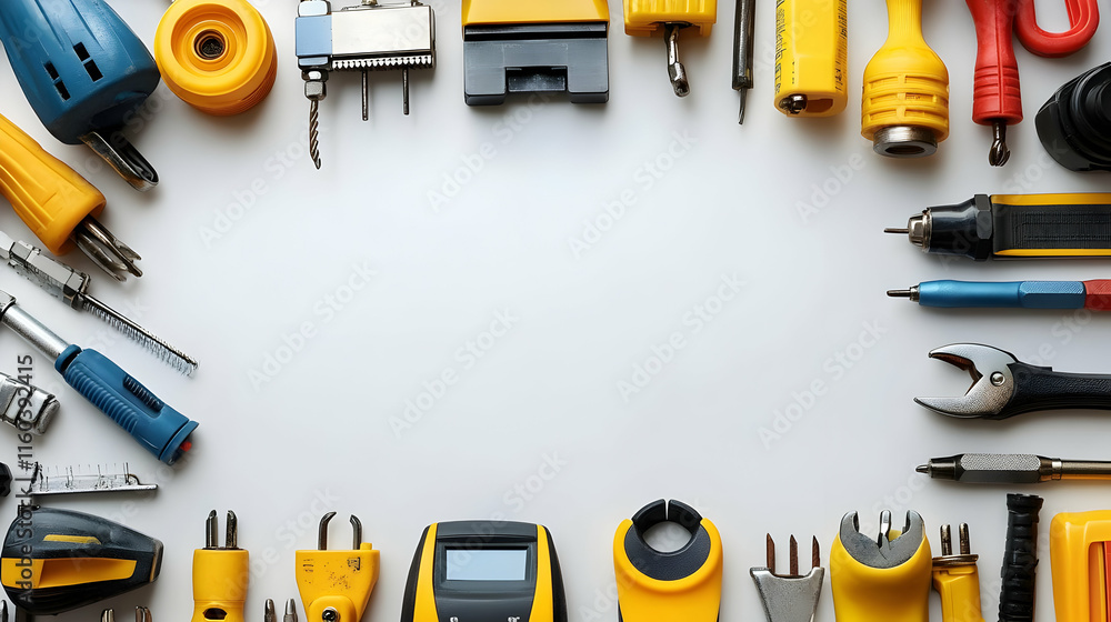 Poster assortment of colorful tools creates a border on a white background for construction or engineering 
