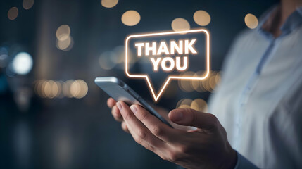 Person holding a smartphone with a glowing 'Thank You' speech bubble, symbolizing gratitude, communication, and digital technology in a professional setting.