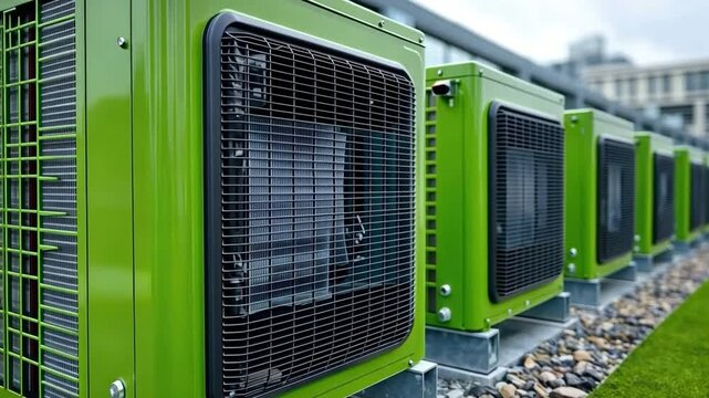 Green Energy Efficiency: A row of modern, green HVAC units on a rooftop, showcasing sustainable technology and energy-efficient solutions.  