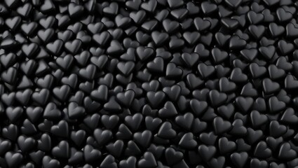 Valentine's Day, A heap of many small black hearts, creating a striking and modern Valentine's Day design concept. The hearts are glossy and textured