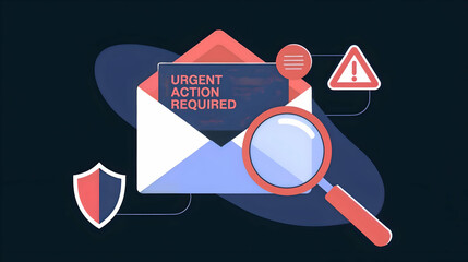 A conceptual illustration of an envelope marked with 'Urgent Action Required,' accompanied by a magnifying glass, shield icon, and alert symbol, emphasizing cybersecurity and risk management. 