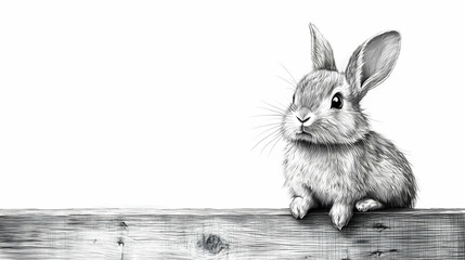 Cute Bunny Sits on Wood Plank, Wildlife Art