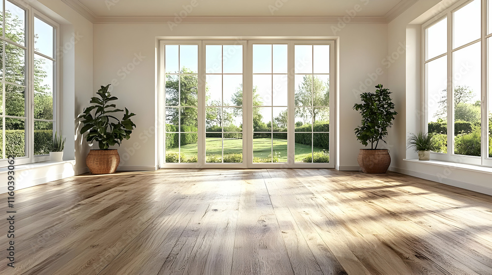 Poster empty room with large windows overlooks a green garden, creating a serene and inviting atmosphere.