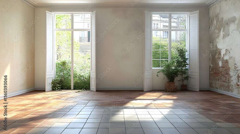 Poster empty room with two large windows and partial tiling sunlight streaming through