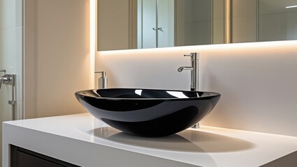 A sleek, glossy black vessel sink with a subtle curved basin and slender faucets, set atop a crisp white quartz countertop with a minimalist profile, in a contemporary bathroom with clean lines, neutr