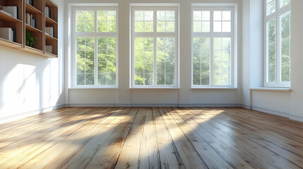 Empty Room with Large Windows, Sunlight, Wood Floor, and Bookshelf: A Serene Interior