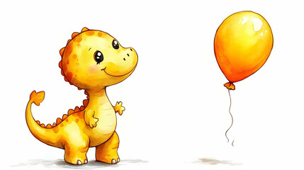 Obraz premium Cute Dinosaur Sees Balloon, Smiles Delightfully at Floating Toy
