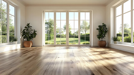 Empty room with large windows overlooks a green garden, creating a serene and inviting atmosphere.