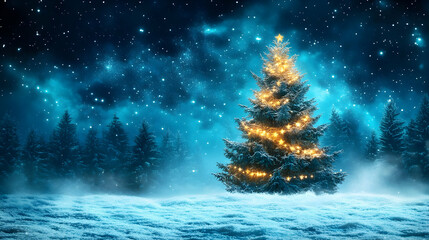 Christmas Tree Illuminates Snowy Forest with Lights at Night