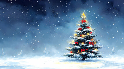 Christmas Tree Sparkles in Snowy Landscape, Winter Holiday Scene