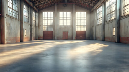 Empty Warehouse Interior with Sunlight Streaming Through Large Windows and Doors