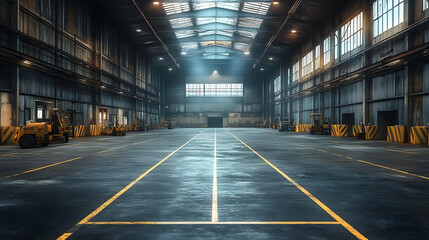 Empty Industrial Warehouse Interior with Forklifts and Yellow Lines on the Floor, Captured in a Realistic Style.