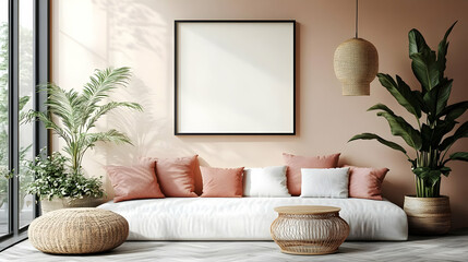 Modern Living Room Interior Shows White Sofa, Plants, and Mockup Frame Wall Art Decor.