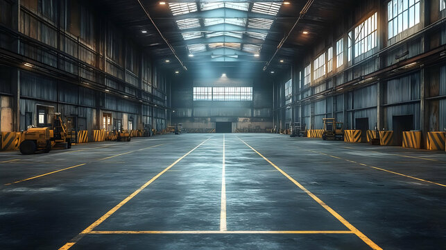 Empty Industrial Warehouse Interior with Forklifts and Yellow Lines on the Floor, Captured in a Realistic Style.