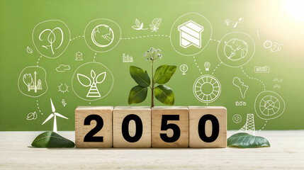 A conceptual image representing environmental sustainability, featuring a plant sprouting from wooden blocks labeled '2050,' surrounded by eco-friendly icons symbolizing renewable energy, biodiversity