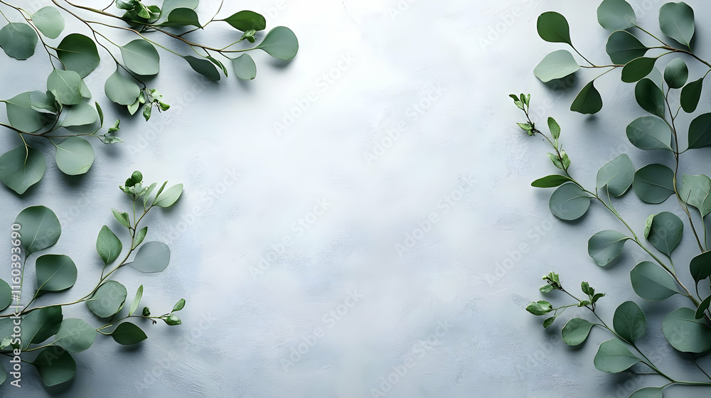 Poster eucalyptus branches frame a soft blue background elegantly with a natural touch for design projects