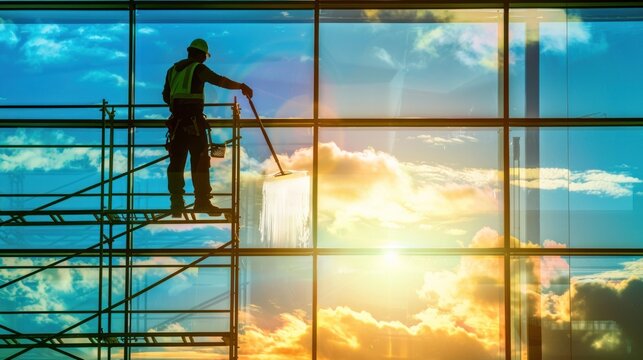 Window cleaner on scaffolding at sunset.
