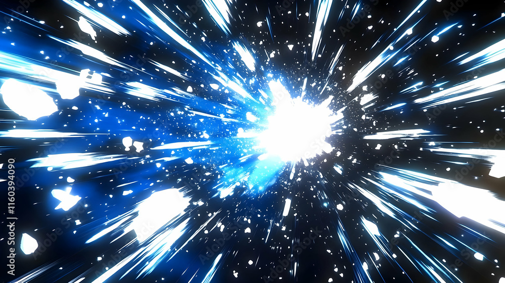 Poster abstract background explodes with bright blue and white light beams dynamically