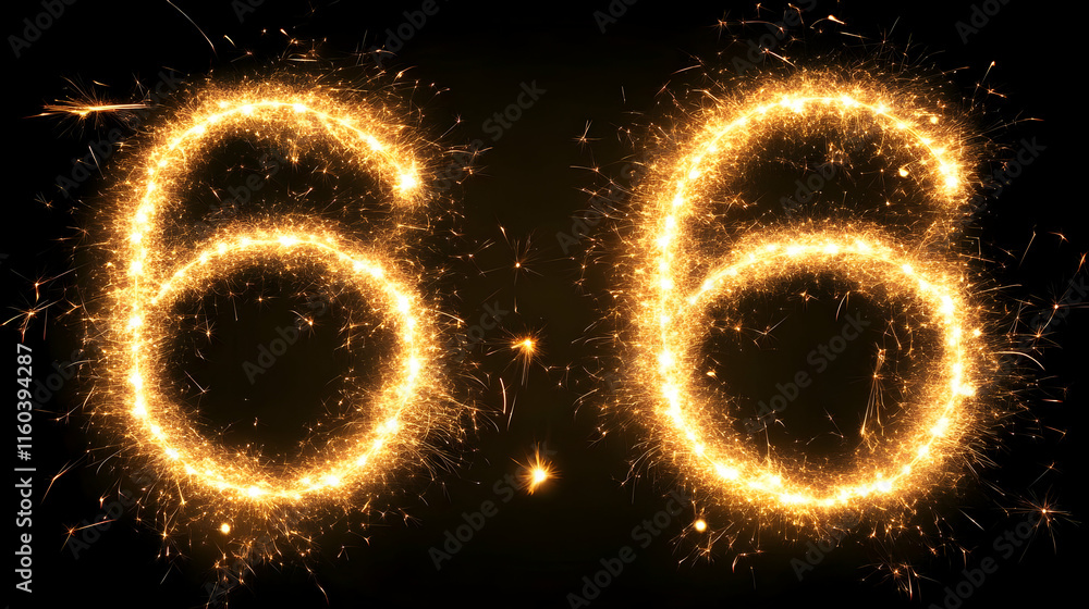 Poster sparkler trails create the number 66 on dark background brightly